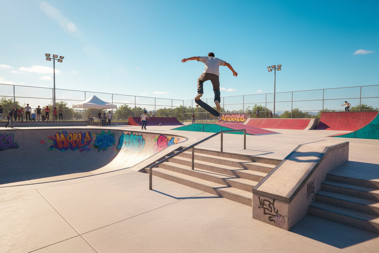 A skater mid-ollie over a stair set in a sunny concrete skatepark